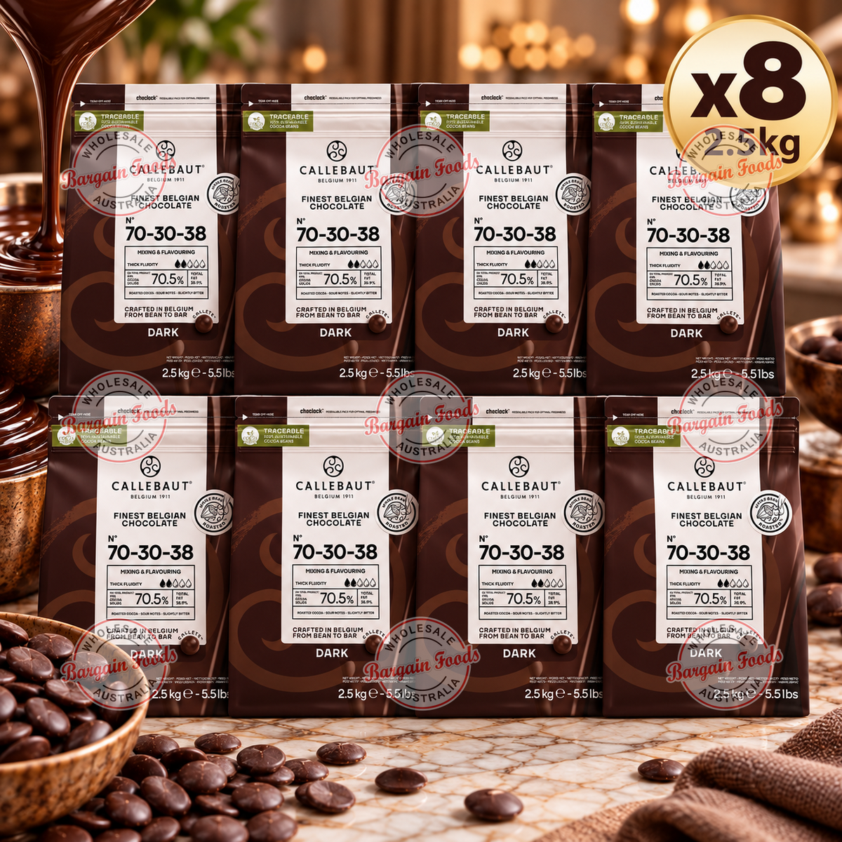 Callebaut 70-30-38 70.5% Couverture Dark Chocolate - 2.5kg x8 (BULK)