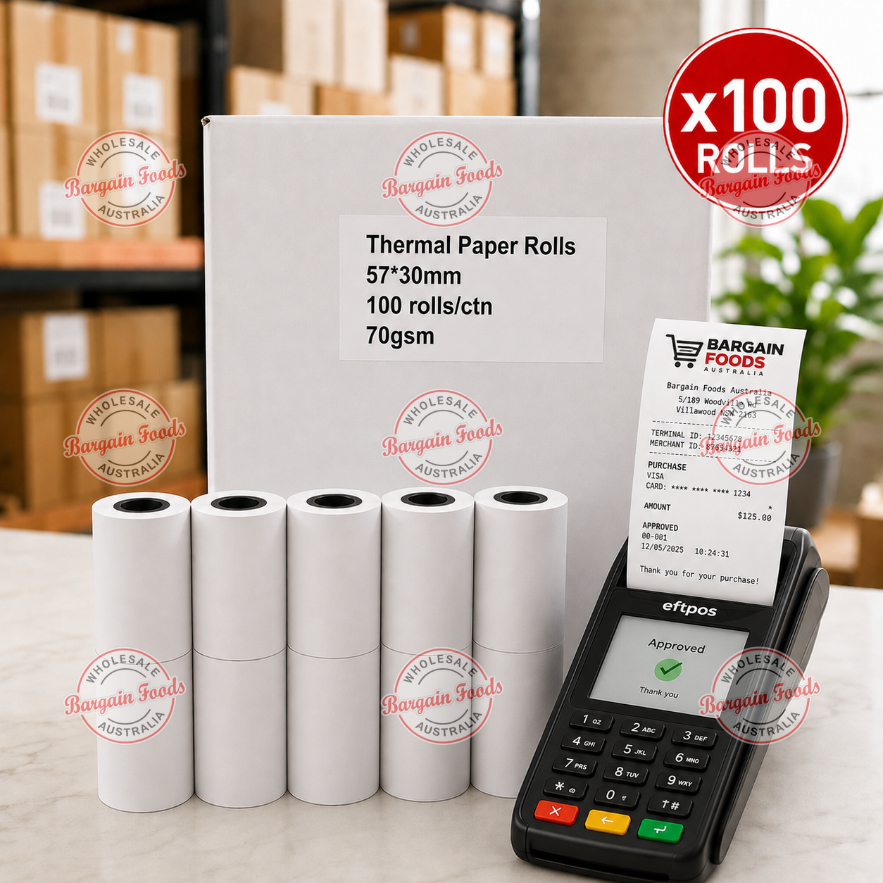 Thermal Eftpos Terminal Paper Rolls 57x30mm - 100 Rolls 70gsm