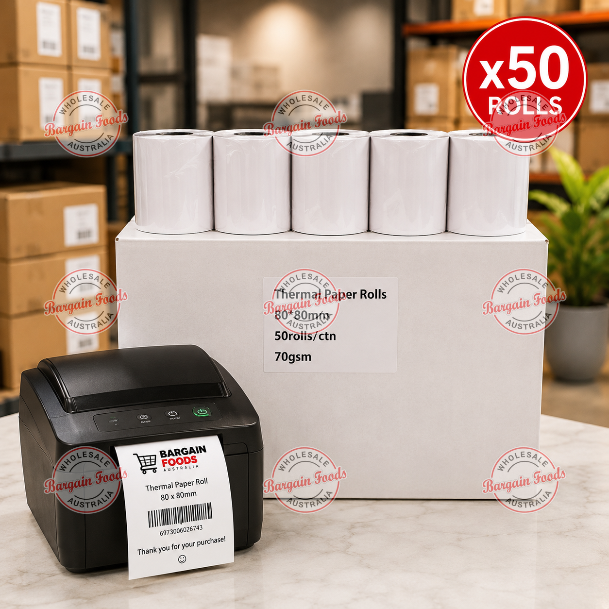 Thermal Receipt Printer Paper Rolls 80x80mm - 50 Rolls 70gsm