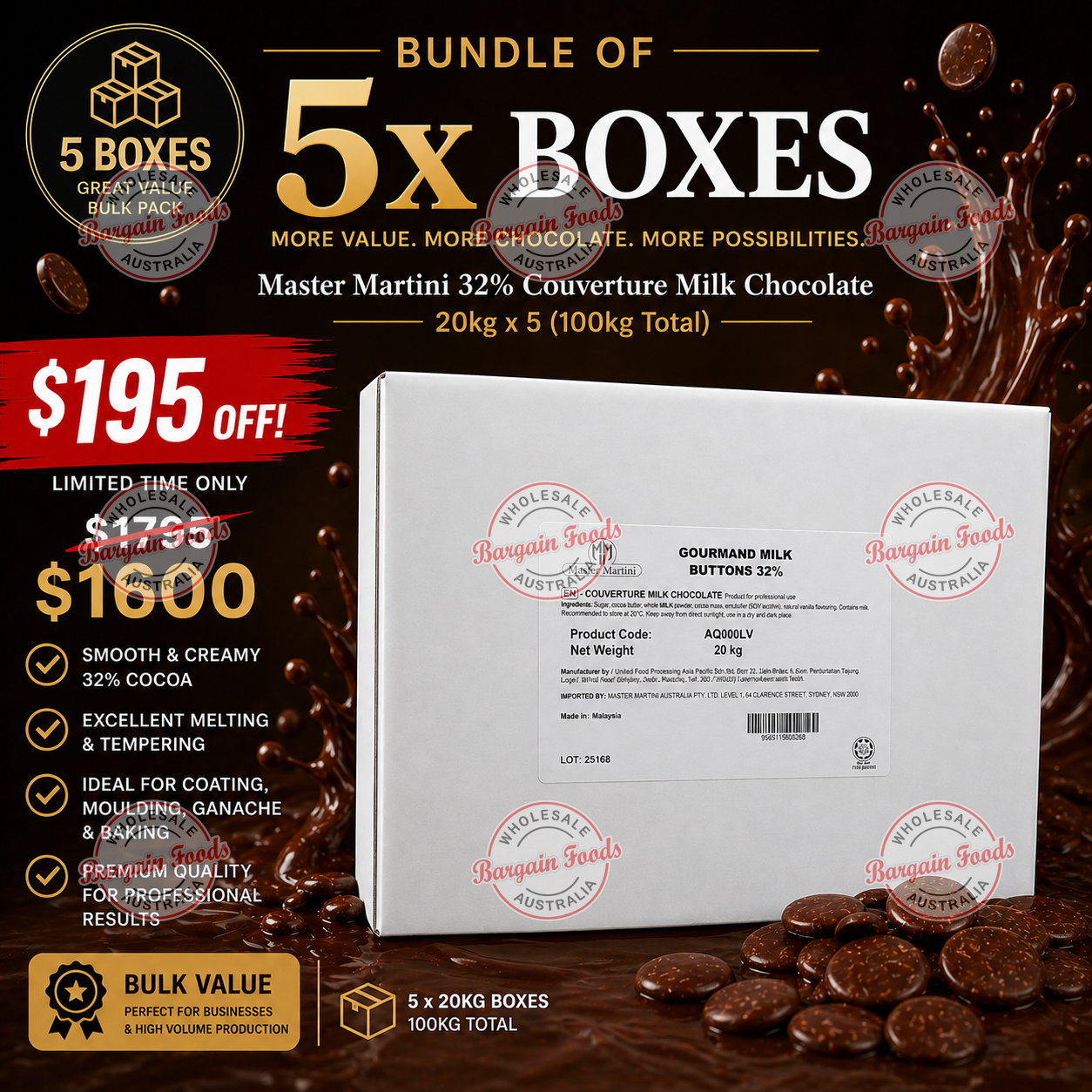 Master Martini 32% Couverture Milk Chocolate Melts - 20kg (BULK BUNDLE OF x5)