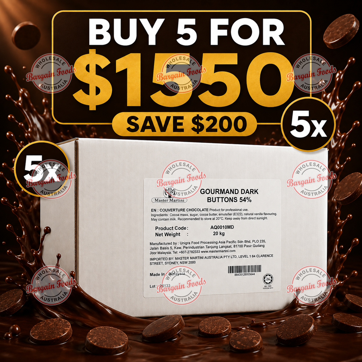 Master Martini 54% Couverture Dark Chocolate Buttons - 20kg (BULK BUNDLE OF x5)