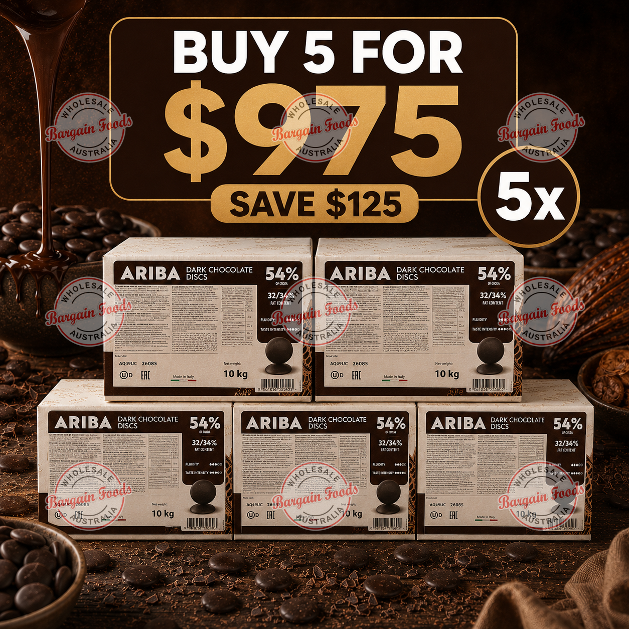 Master Martini Ariba 54% Couverture Dark Chocolate Discs - 10kg (BUNDLE OF x5)