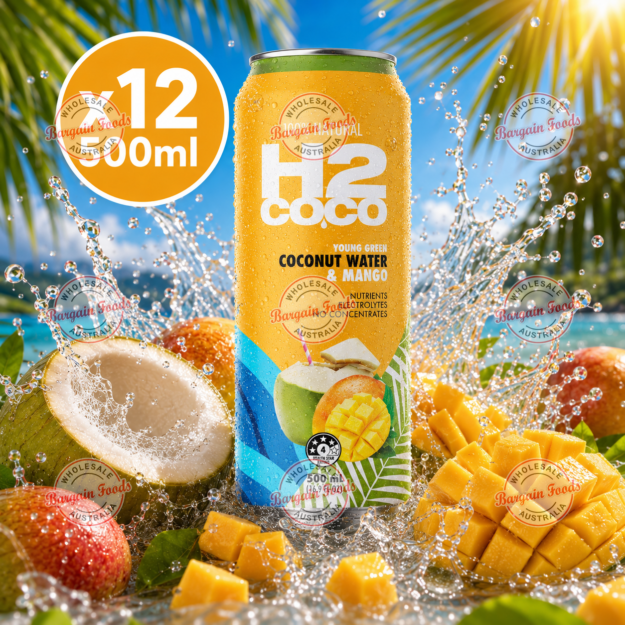 H2 Mango Coconut Flavoured Water - 500ml x12 (BULK)
