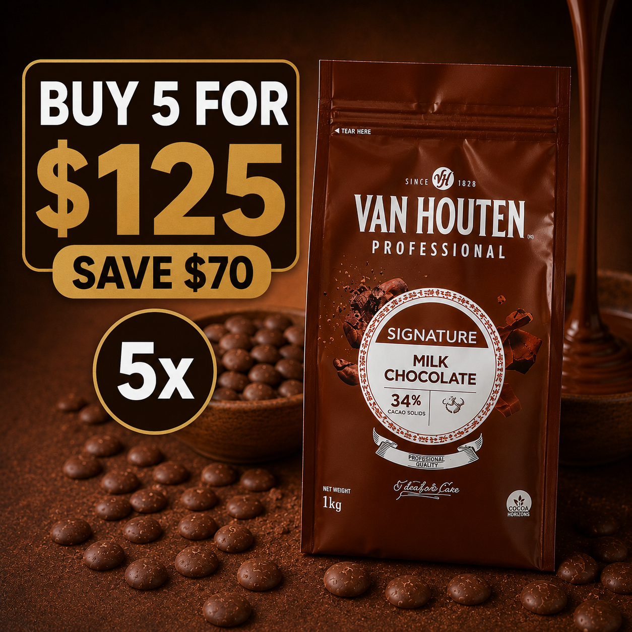 Van Houten Couverture 34% Milk Chocolate Melts - 1kg (BUNDLE OF x5)