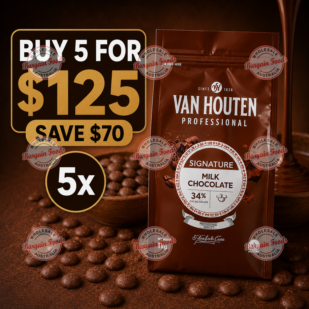 Van Houten Couverture 34% Milk Chocolate Melts - 1kg (BUNDLE OF x5)