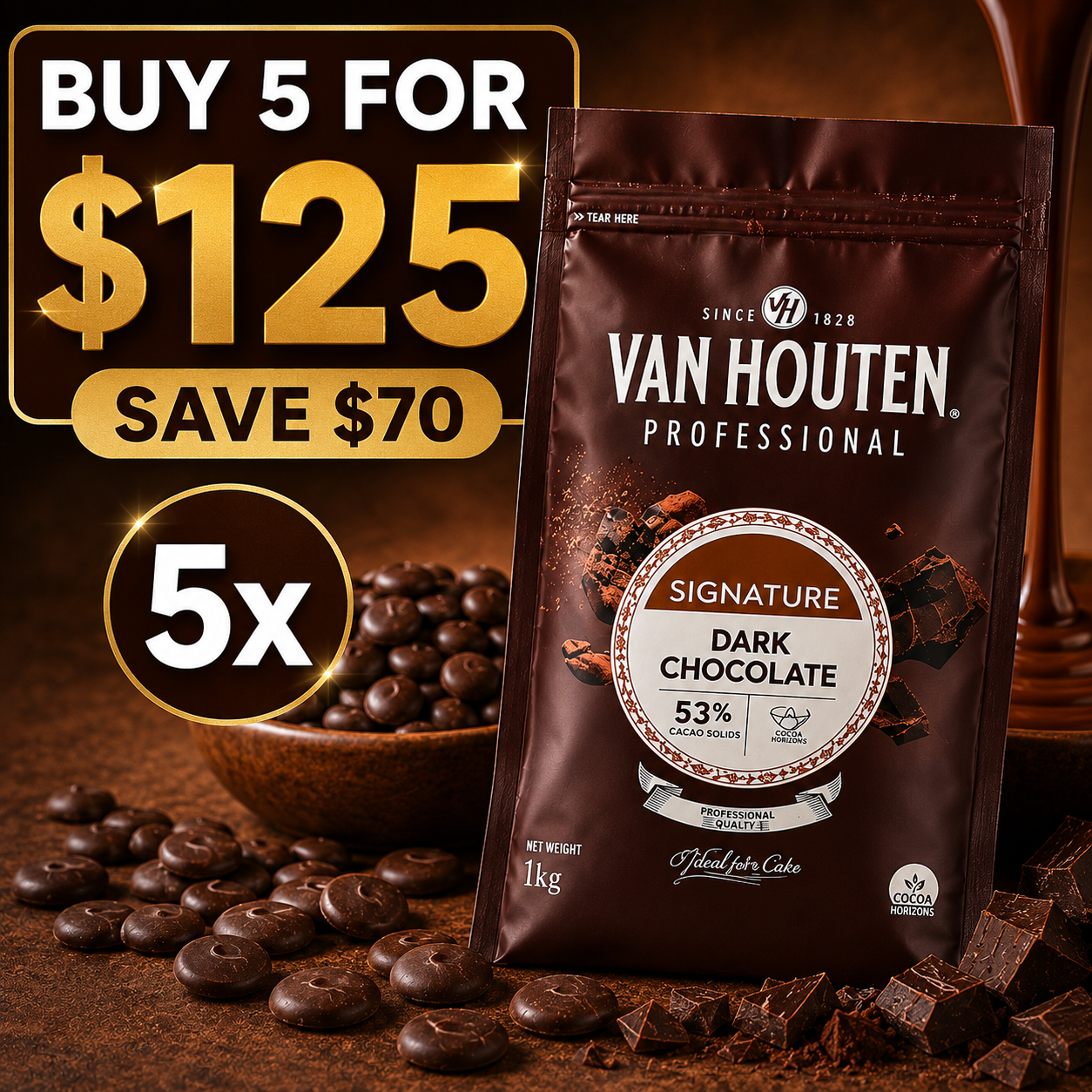 Van Houten Couverture 53% Dark Chocolate Melts - 1kg (BUNDLE OF x5)