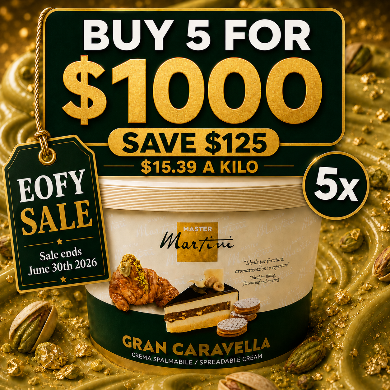 Master Martini Gran Caravella Pistachio Cream Spread - 13kg (BULK BUNDLE OF x5)