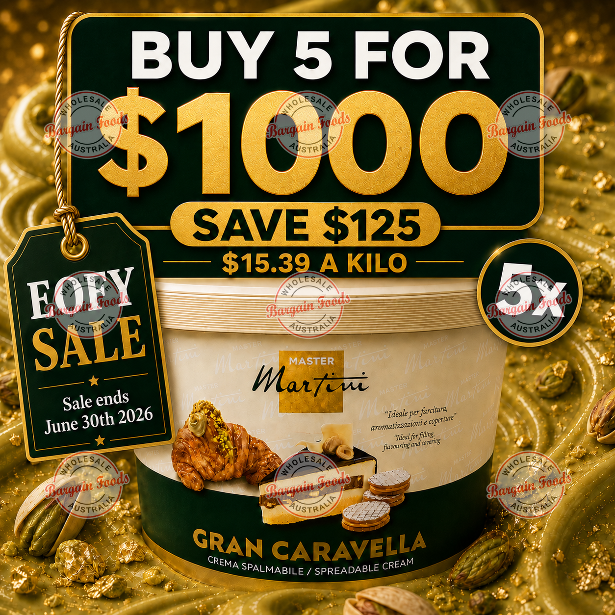 Master Martini Gran Caravella Pistachio Cream Spread - 13kg (BULK BUNDLE OF x5)