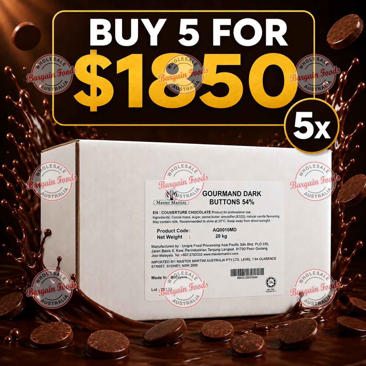 Master Martini 54% Couverture Dark Chocolate Buttons - 20kg (BULK BUNDLE OF x5)