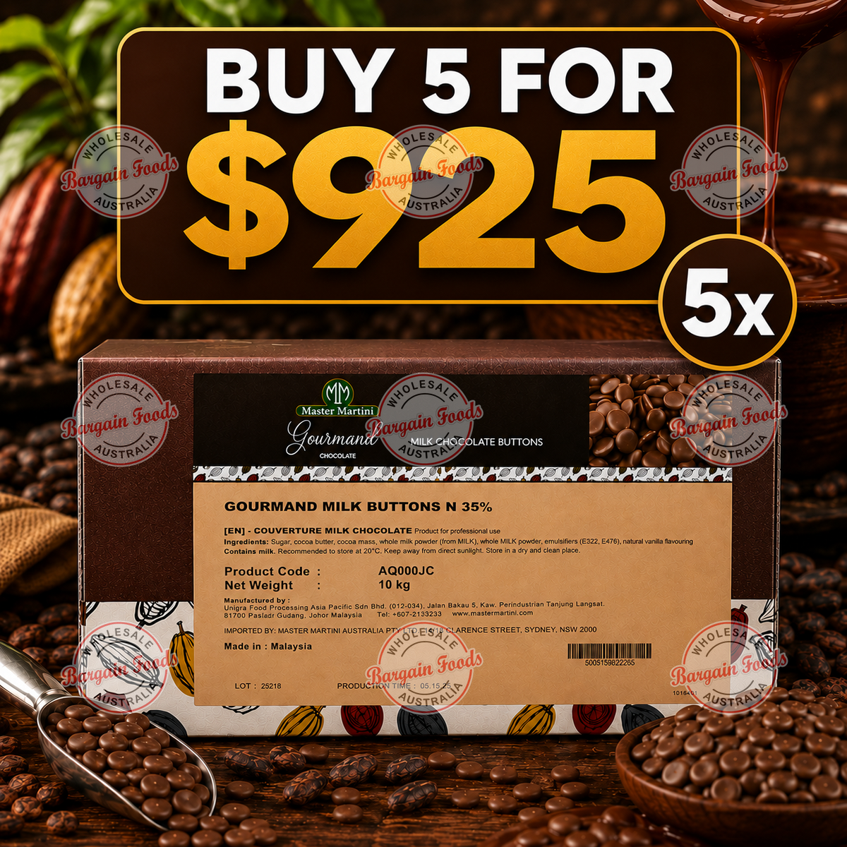Master Martini 35% Couverture Milk Chocolate - 10kg (BULK BUNDLE OF x5)