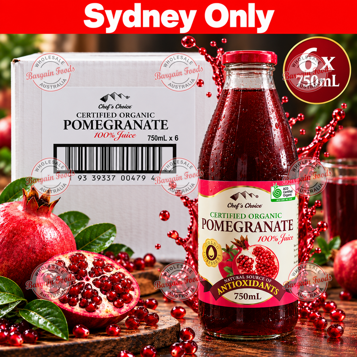 Chefs Choice 100% Organic Pure Pomegranate Juice - 750ml x6 (BULK)