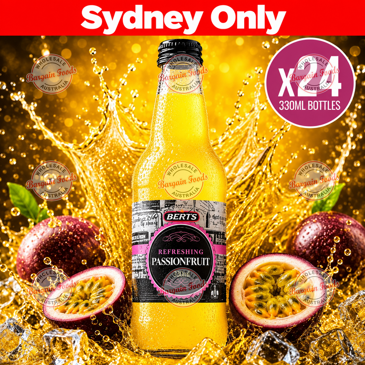 Berts Soda Glass Bottles Passion Fruit - 330ml x24 (BULK)