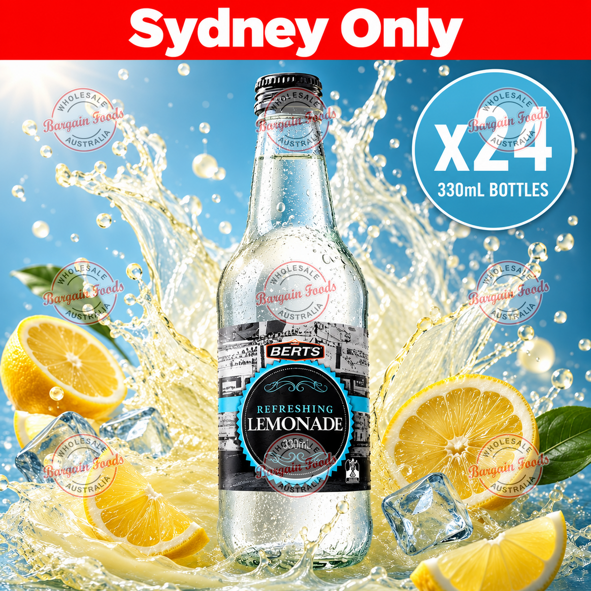 Berts Soda Glass Bottles Lemonade - 330ml x24 (BULK)