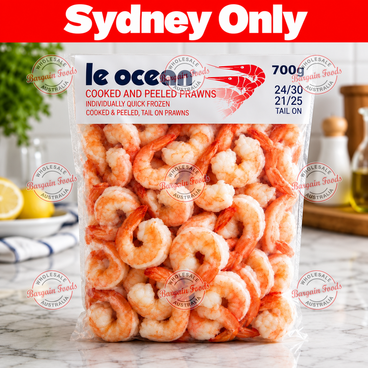 Le Ocean Cooked Peeled Prawns (Tails on) - 700g 26/30pcs