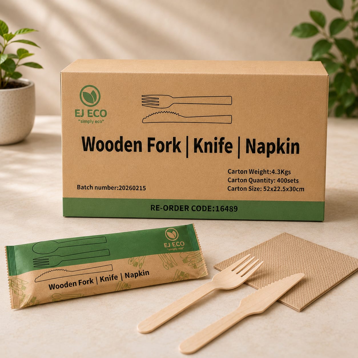 Wooden Cutlery Set Fork/Knife/Napkin - 400pcs (BULK)