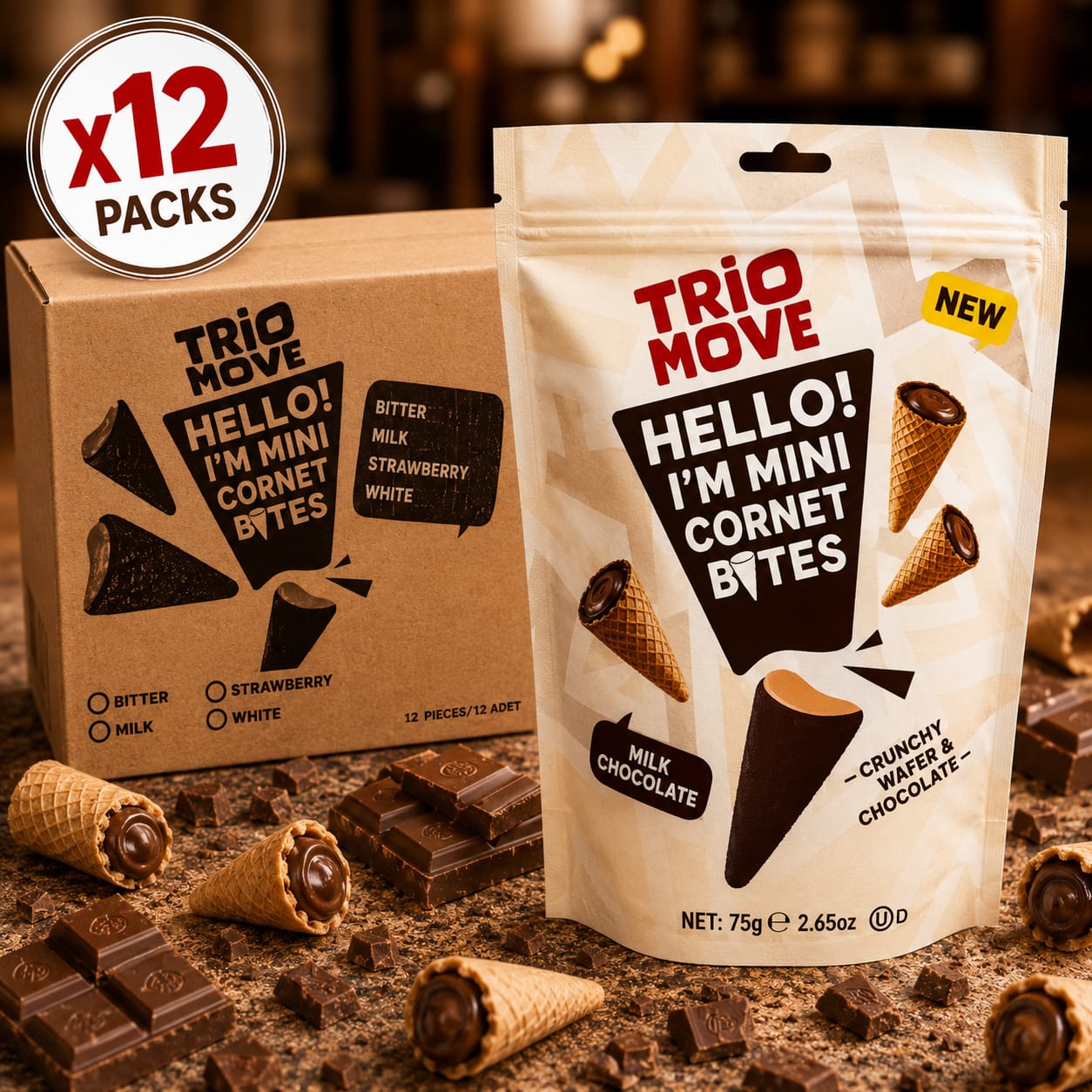 Trio Move Chocolate Mini Cornets - 75g x12 (BULK)