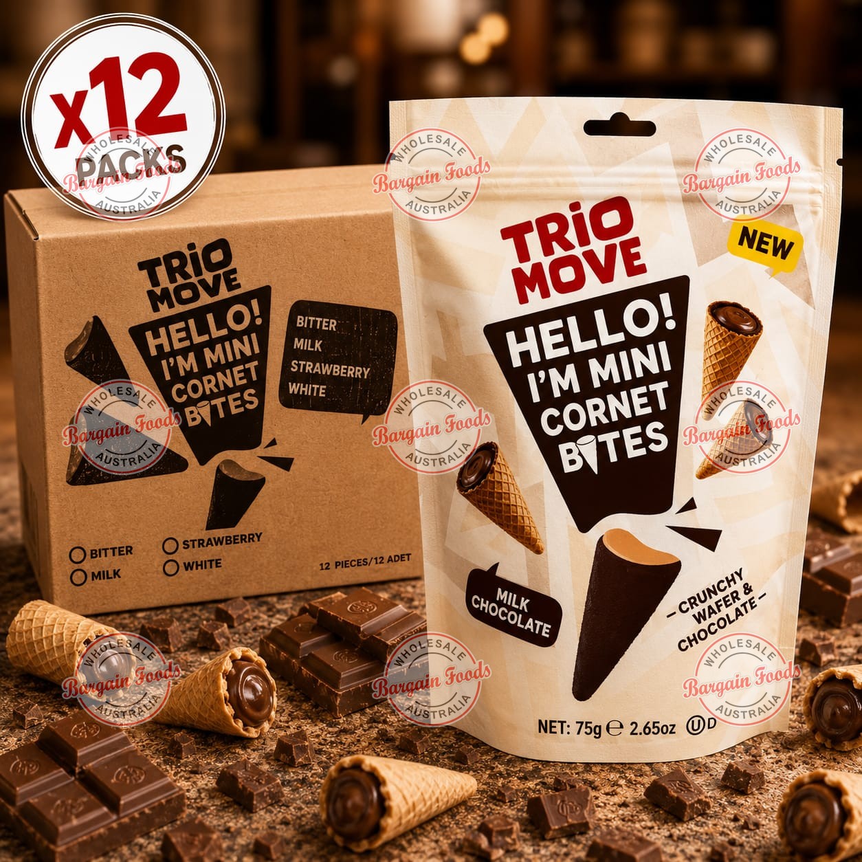 Trio Move Chocolate Mini Cornets - 75g x12 (BULK)
