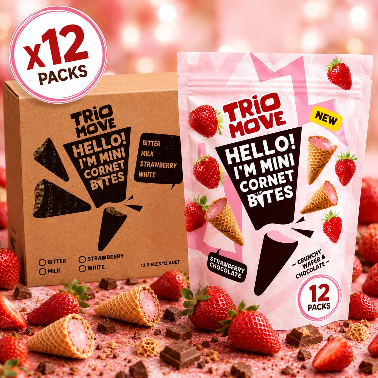 Trio Move Strawberry Mini Cornets - 75g x12 (BULK)