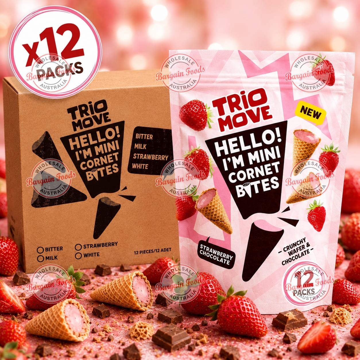 Trio Move Strawberry Mini Cornets - 75g x12 (BULK)