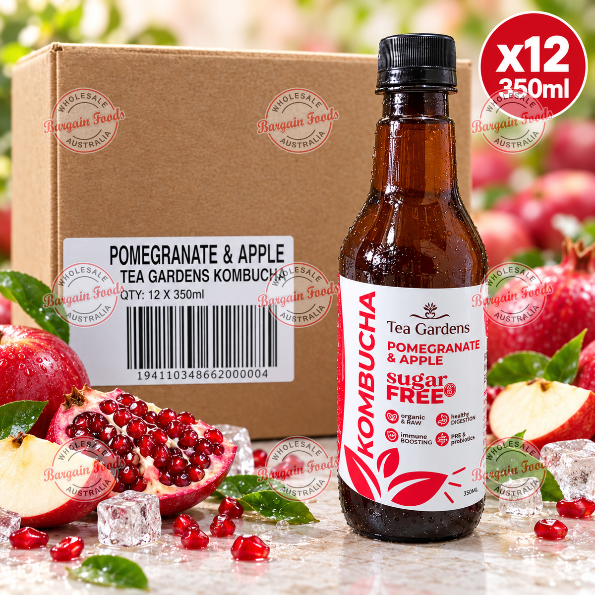 Tea Gardens Kombucha Pomegranate & Apple - 350ml x12 (BULK)