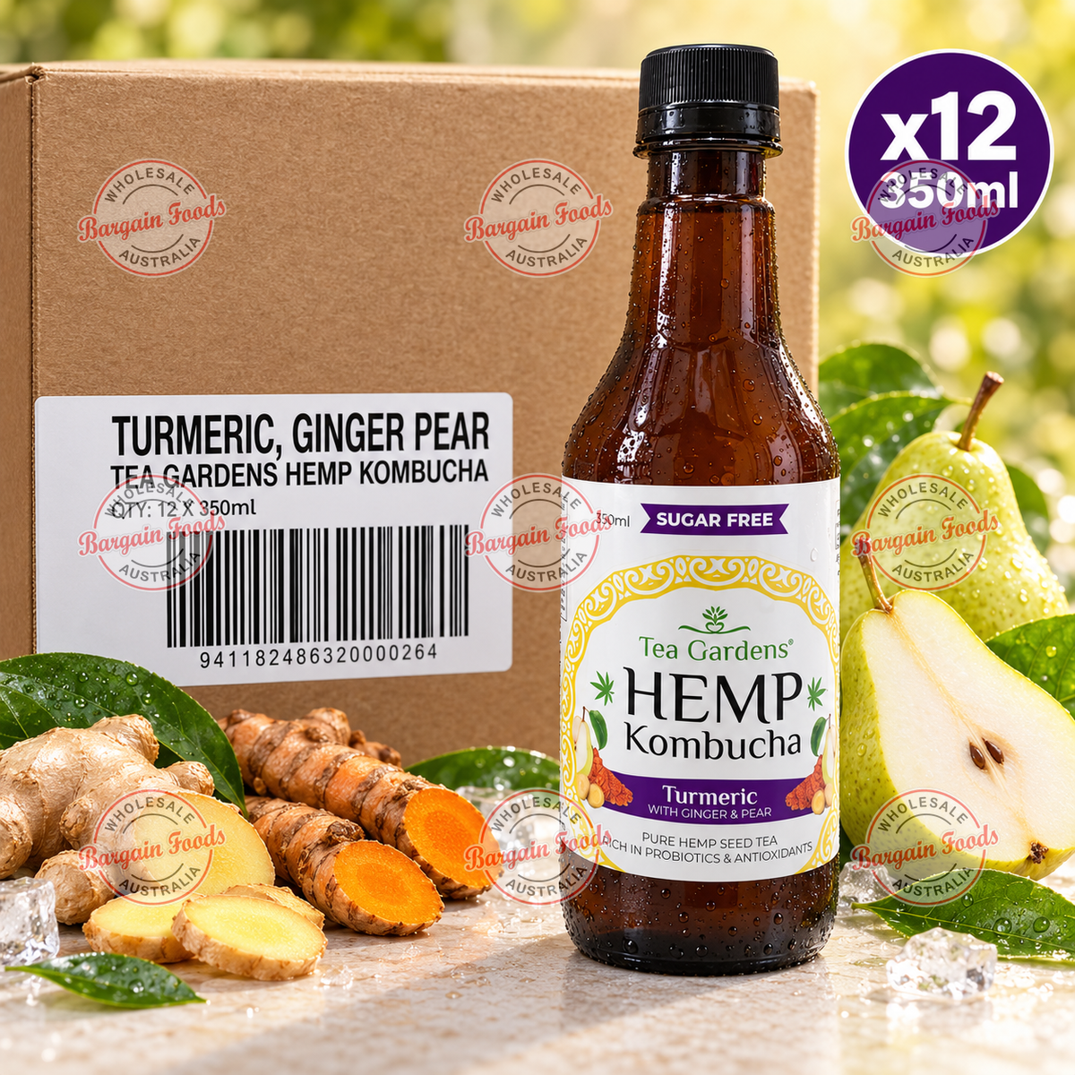 Tea Gardens Hemp Tumeric Ginger & Pear Kombucha - 350ml x12 (BULK)