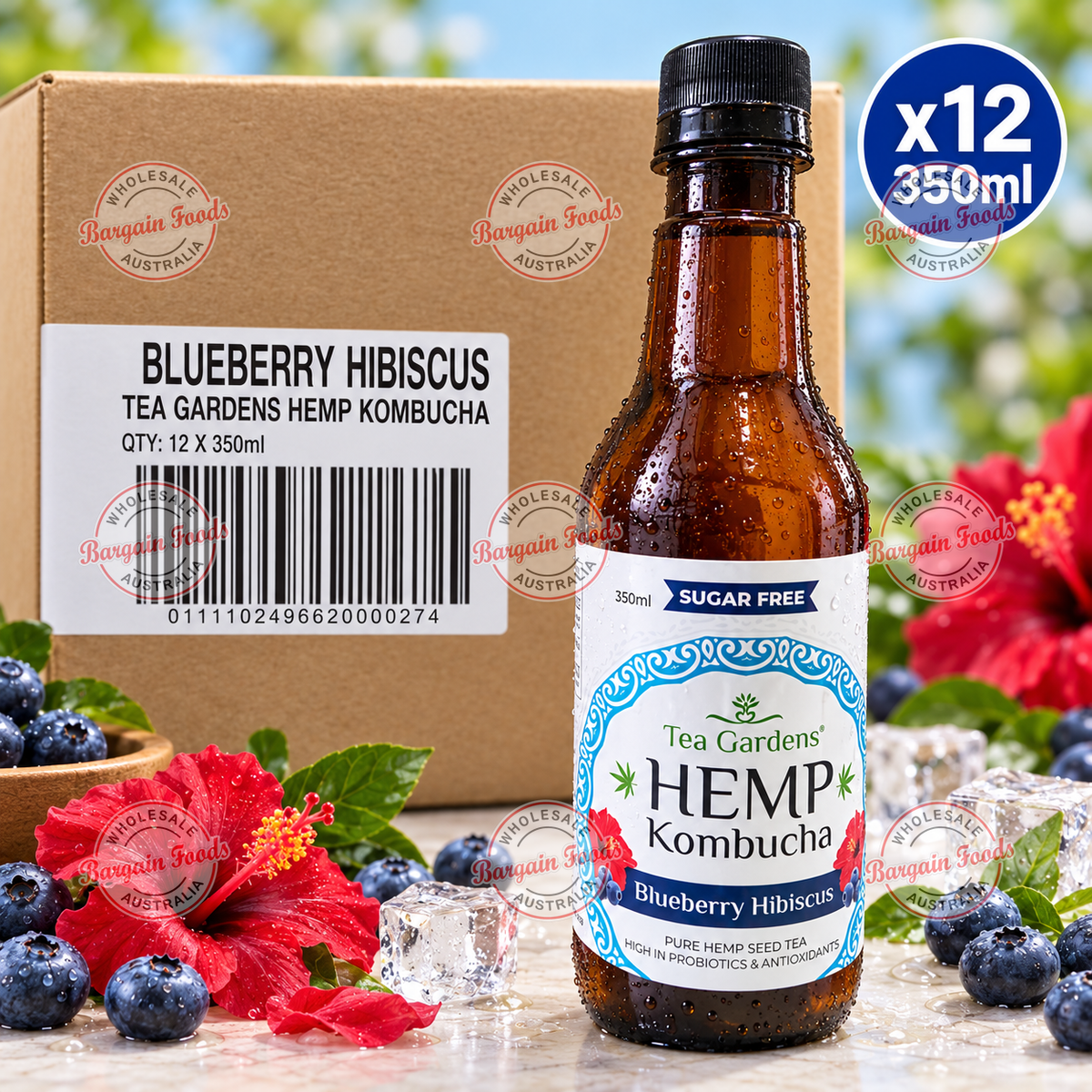 Tea Gardens Hemp Kombucha Blueberry Hibiscus - 350ml x12 (BULK)