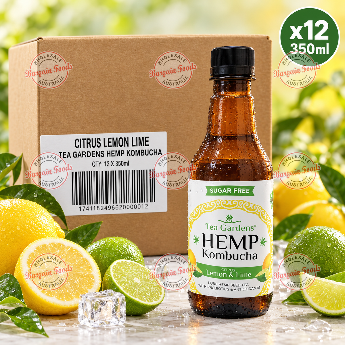 Tea Gardens Hemp Lemon & Lime Kombucha - 350ml x12 (BULK)