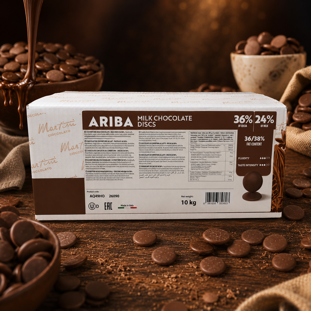 Master Martini Ariba Couverture 36% Milk Chocolate Discs - 10kg