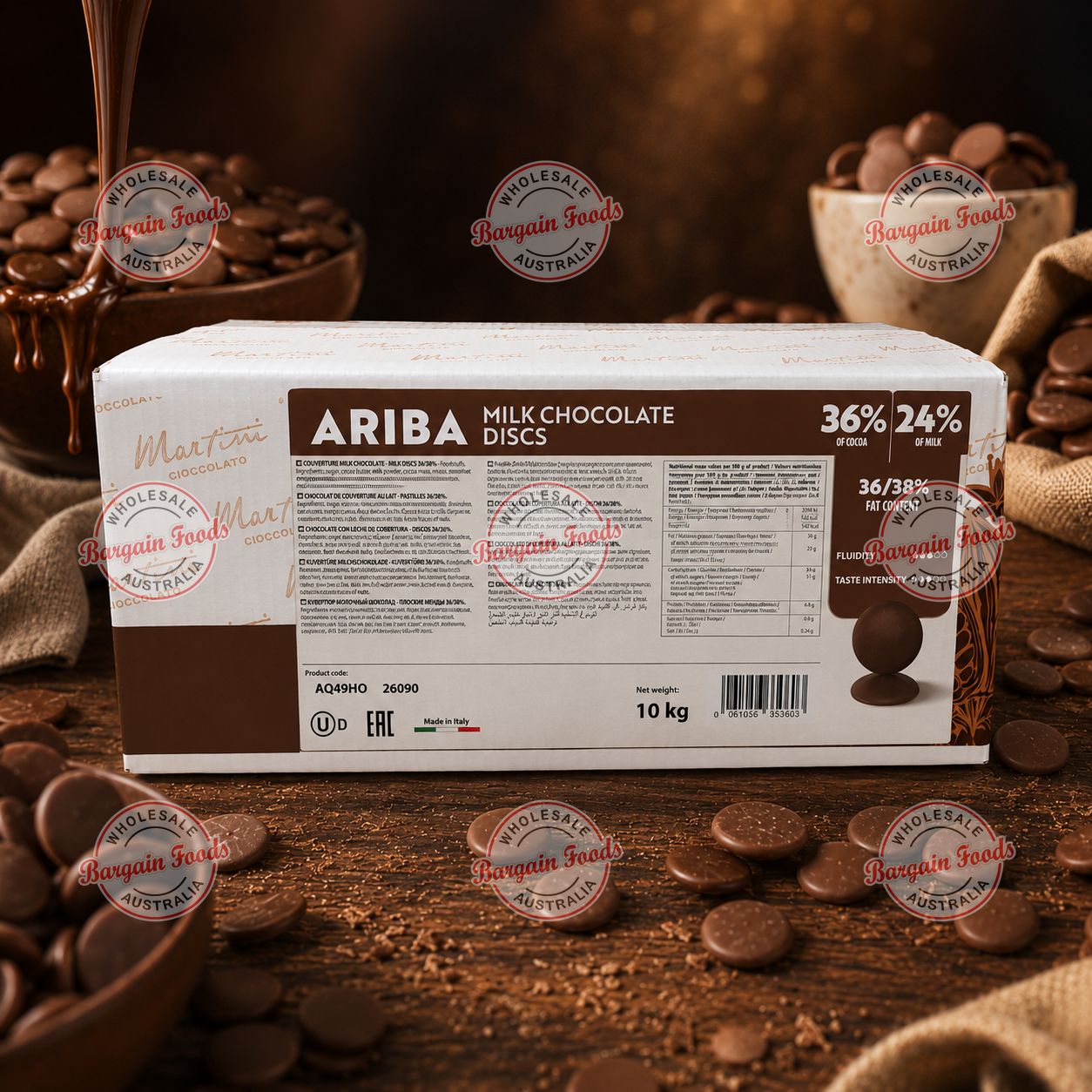 Master Martini Ariba Couverture 36% Milk Chocolate Discs - 10kg
