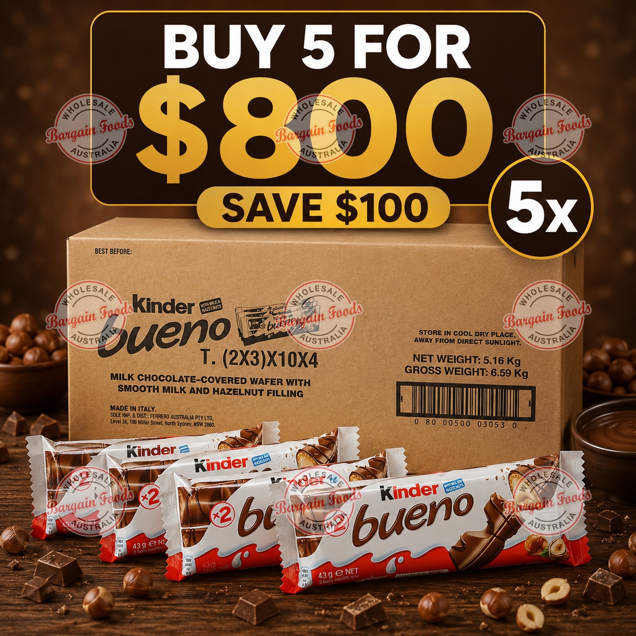 Kinder Bueno Bars - 120 Bars x5 (BULK BUNDLE OF x5)