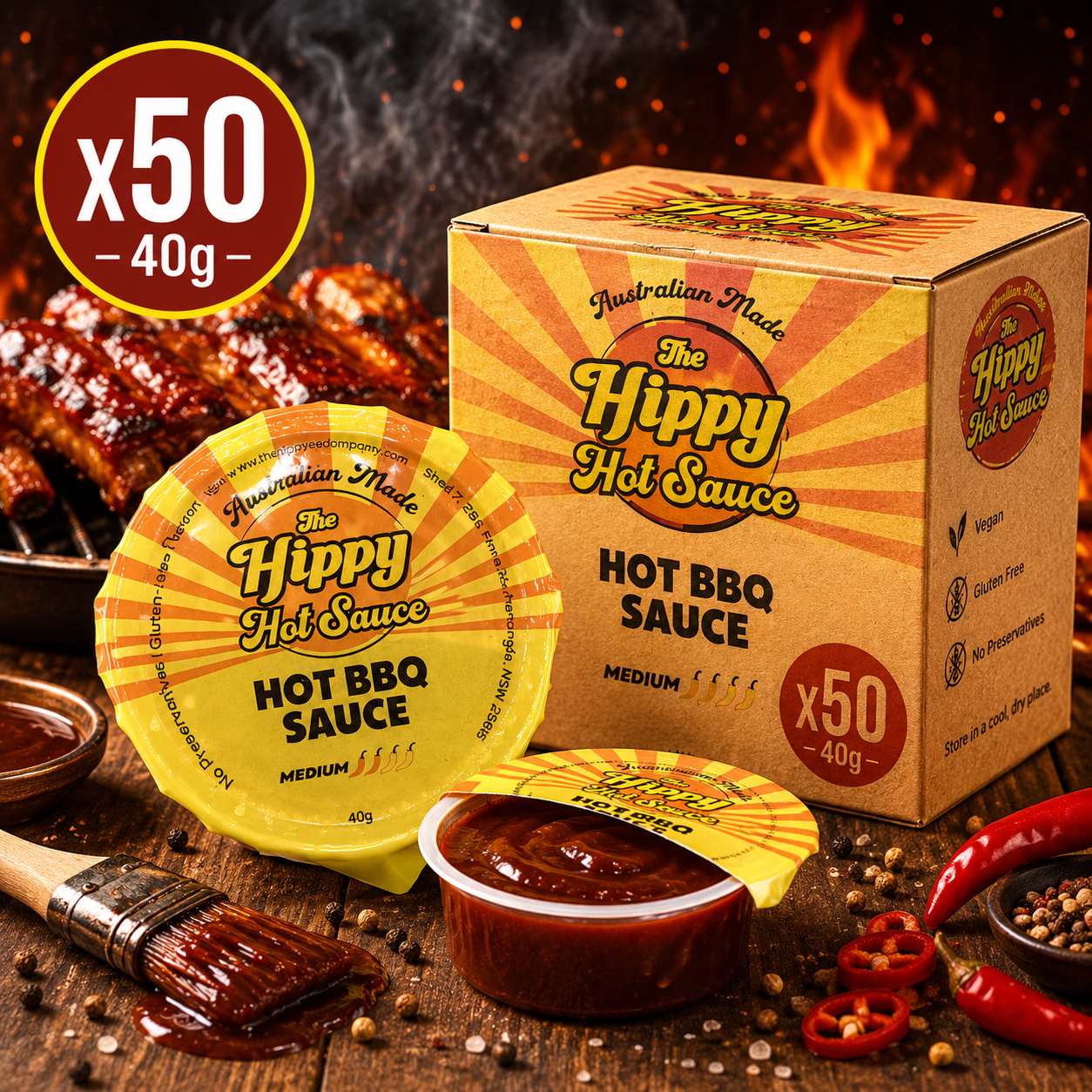 The Hippy Hot BBQ Sauce - 40g x50pcs (BULK)