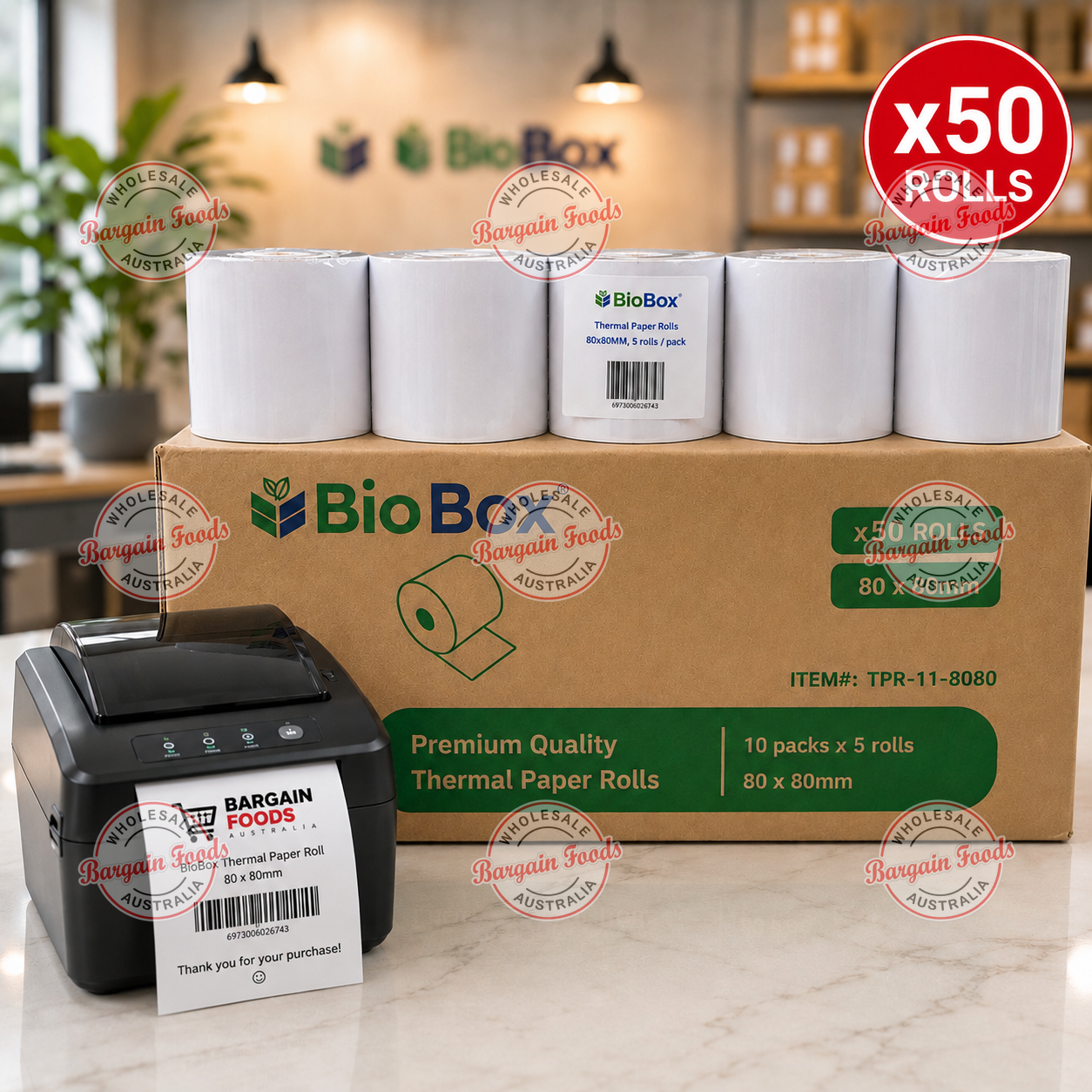 Bio Box Thermal Receipt Paper Rolls 80x80mm - 50 Rolls
