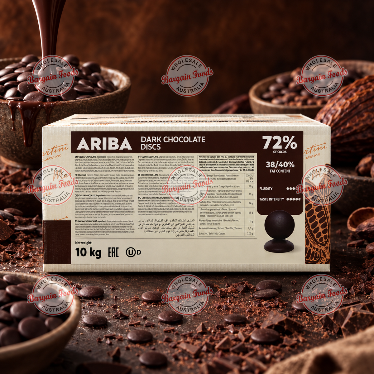 Master Martini Ariba 72% Couverture Dark Chocolate Discs - 10kg