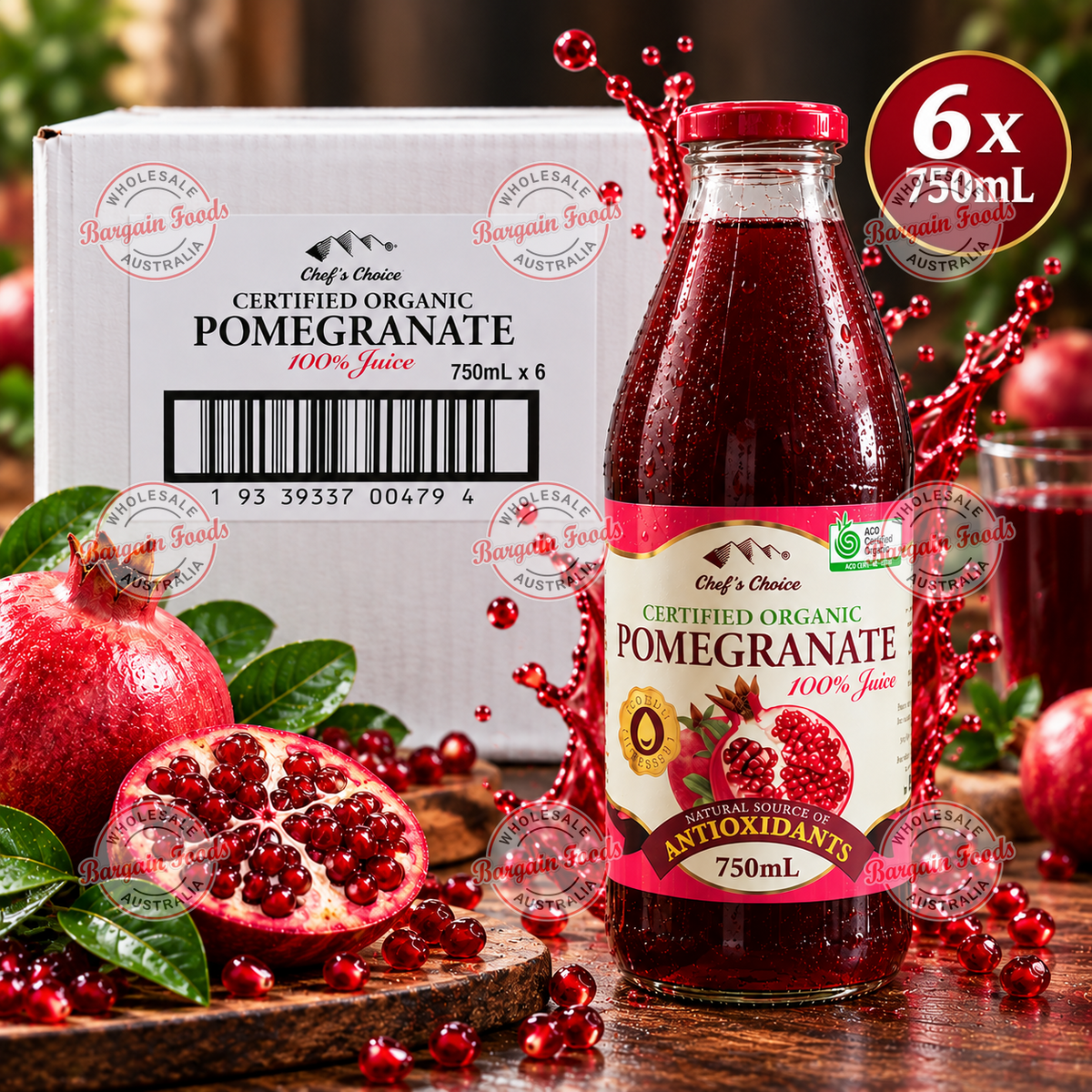 Chefs Choice 100% Organic Pure Pomegranate Juice - 6x 750ml (BULK)