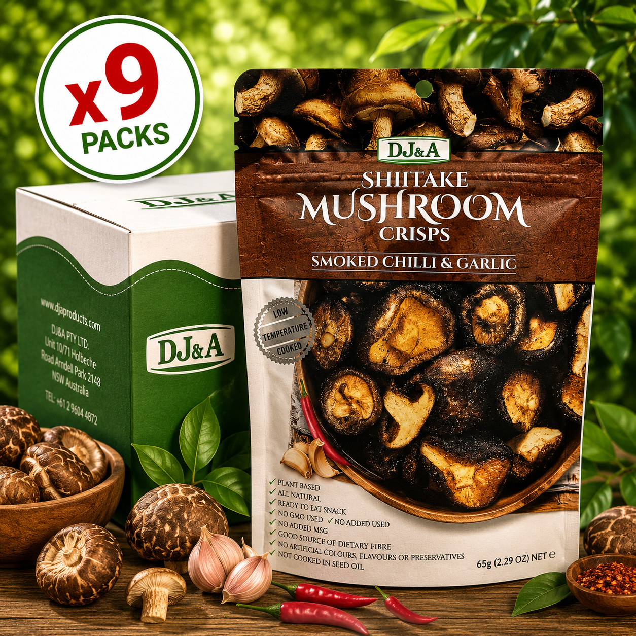 DJ&A Shiitake Mushroom Crisps Smoked Chilli And Garlic - 65g x9 (BULK)
