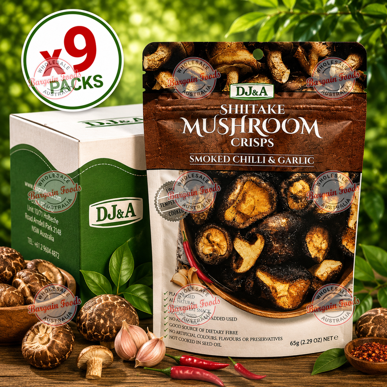 DJ&A Shiitake Mushroom Crisps Smoked Chilli And Garlic - 65g x9 (BULK)