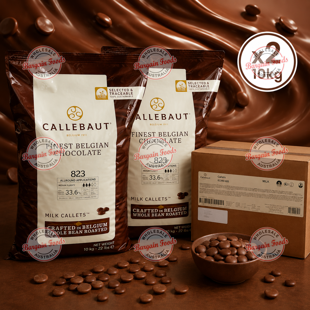 Callebaut 823 33.6% Couverture Milk Chocolate Melts - 10kg x2 (BULK)
