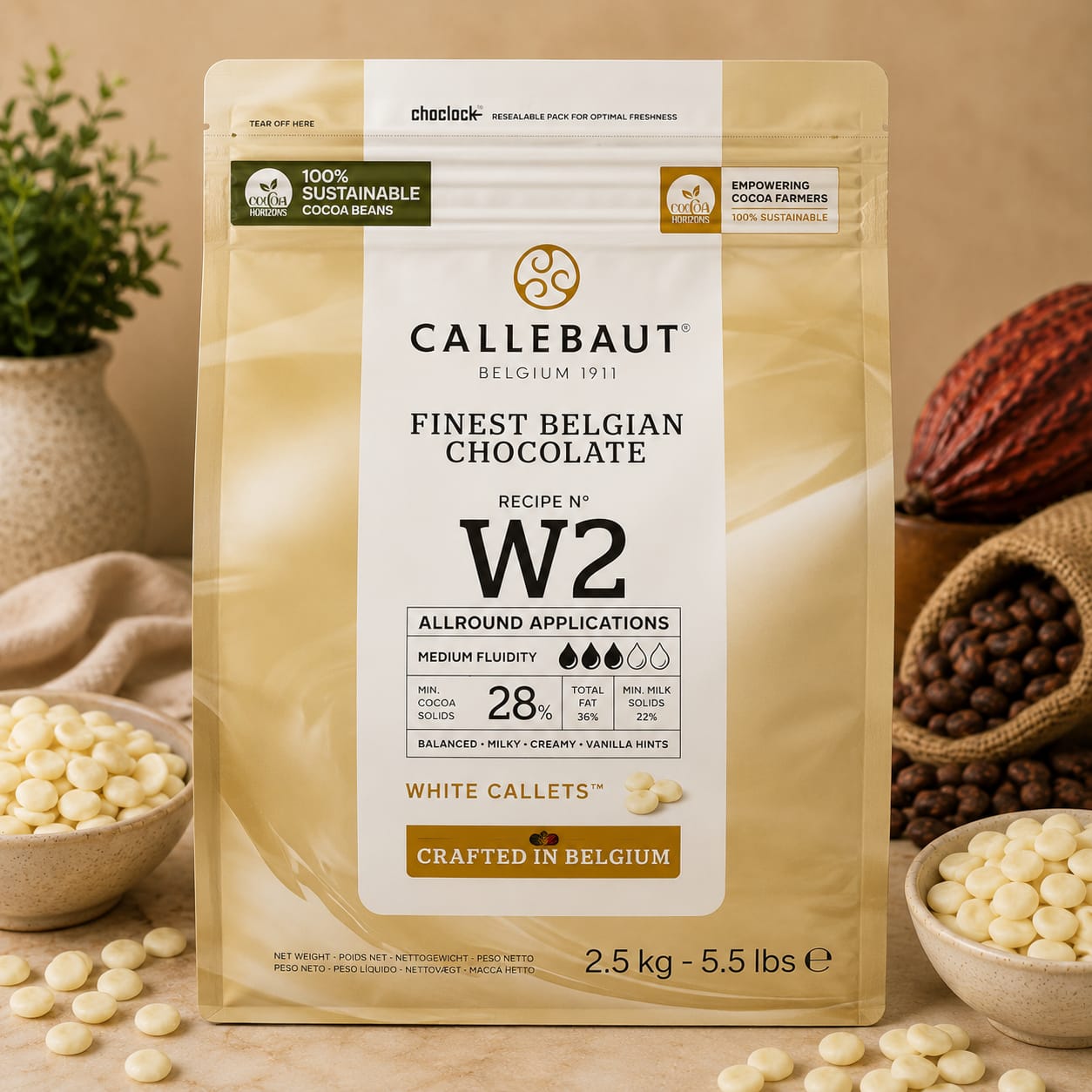 Callebaut W2 28% White Couverture Chocolate Melts - 2.5kg