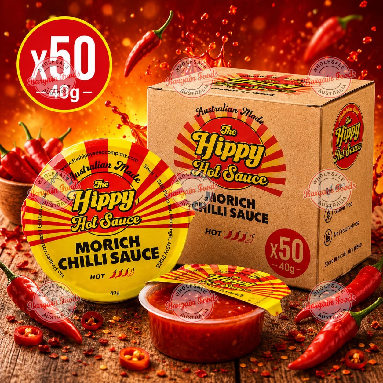 The Hippy Morich Hot Sauce - 40g x50pcs (BULK)