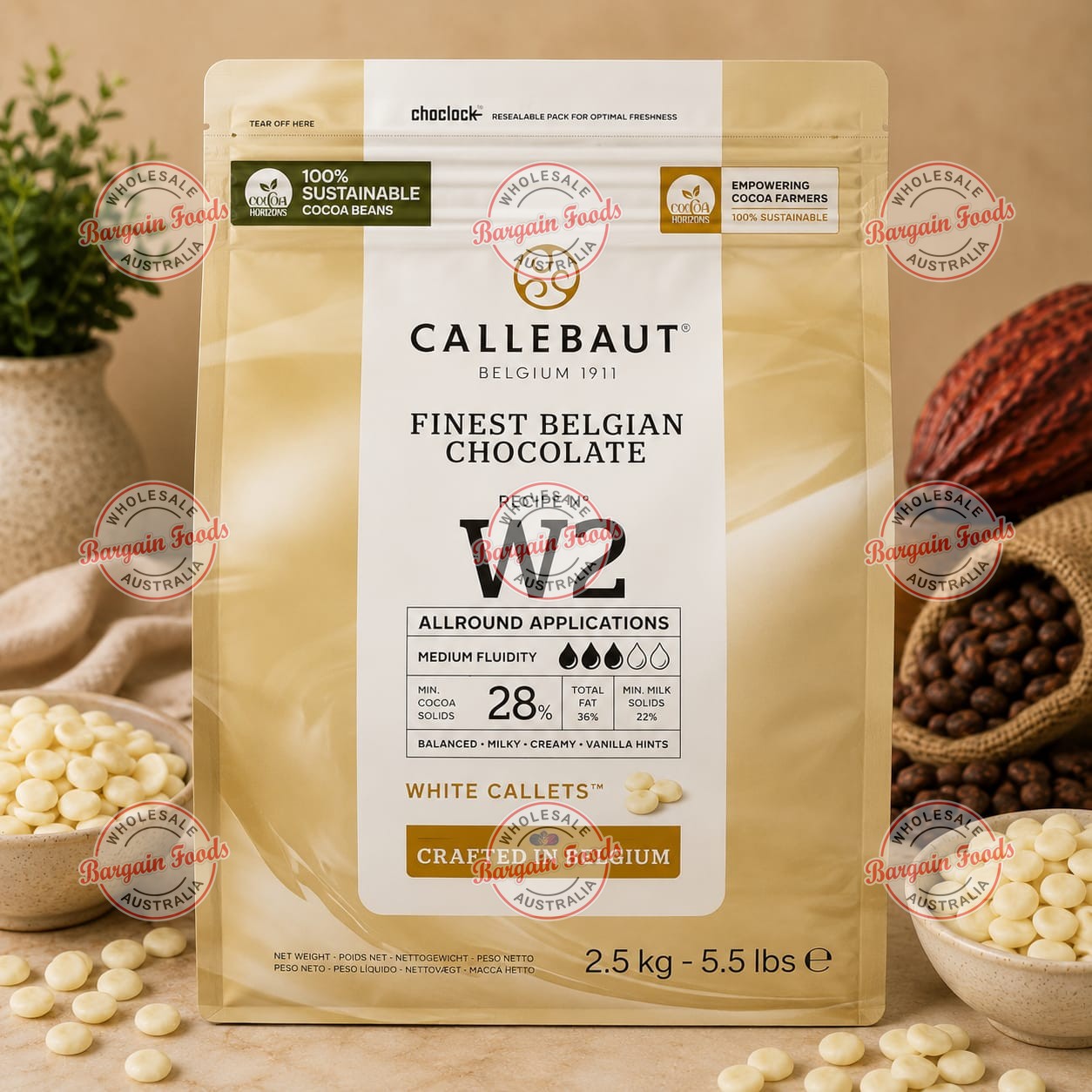 Callebaut W2 28% White Couverture Chocolate Melts - 2.5kg