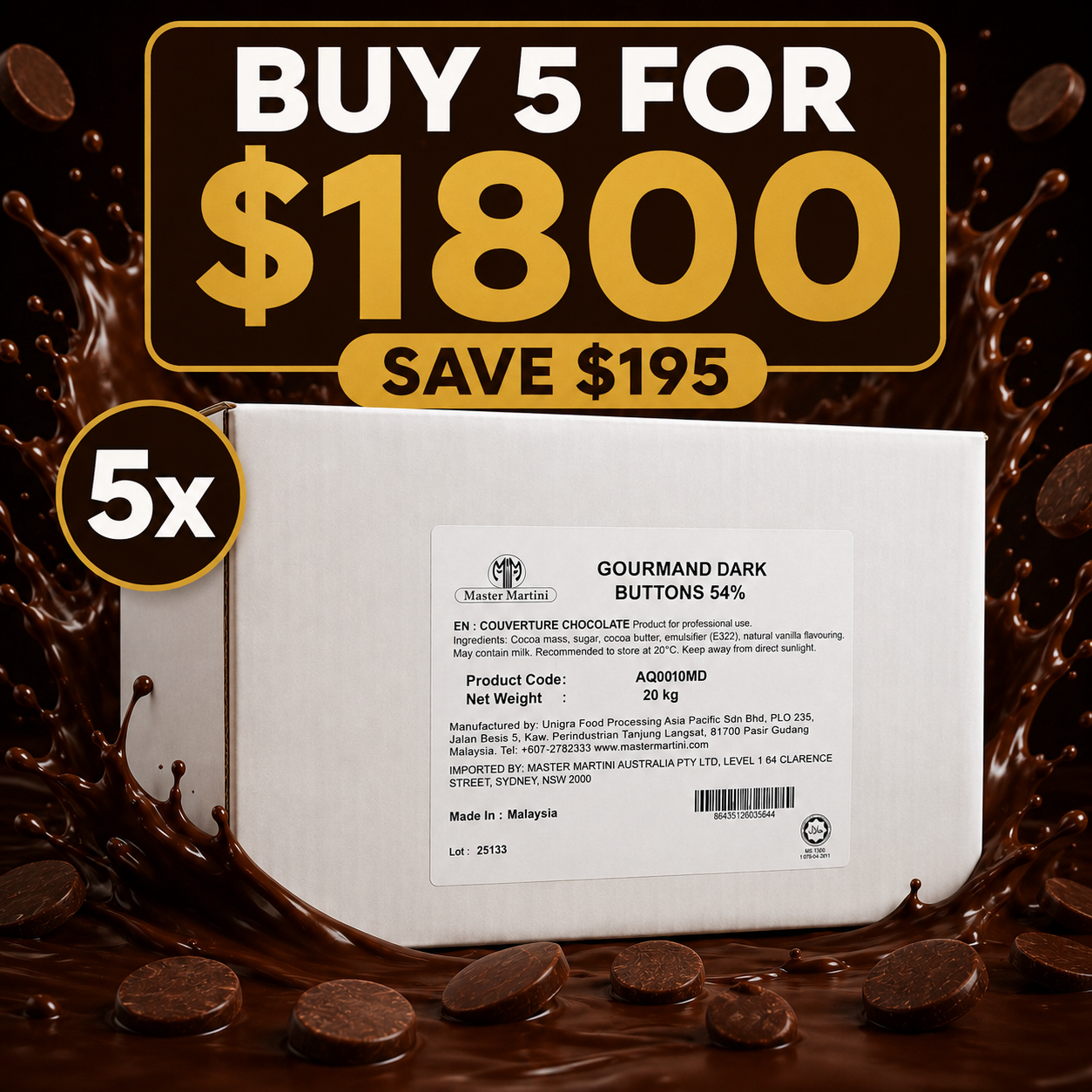 Master Martini 54% Couverture Dark Chocolate Buttons - 20kg (BUNDLE OF x5)