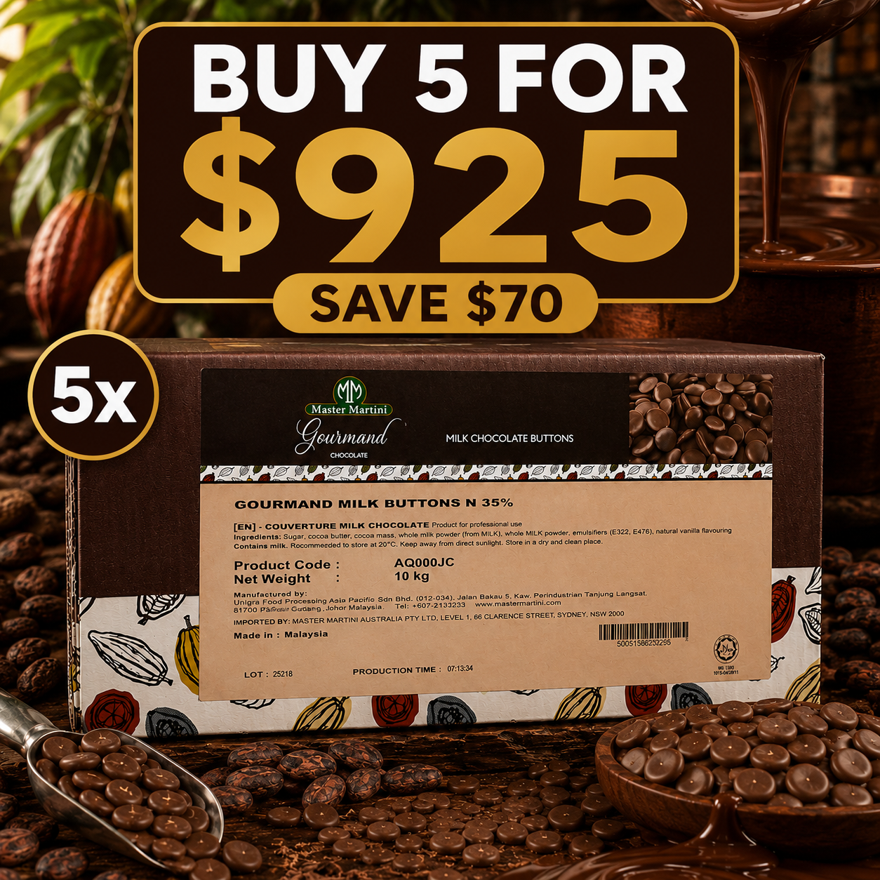 Master Martini 35% Couverture Milk Chocolate Buttons - 10kg (BUNDLE OF x5)