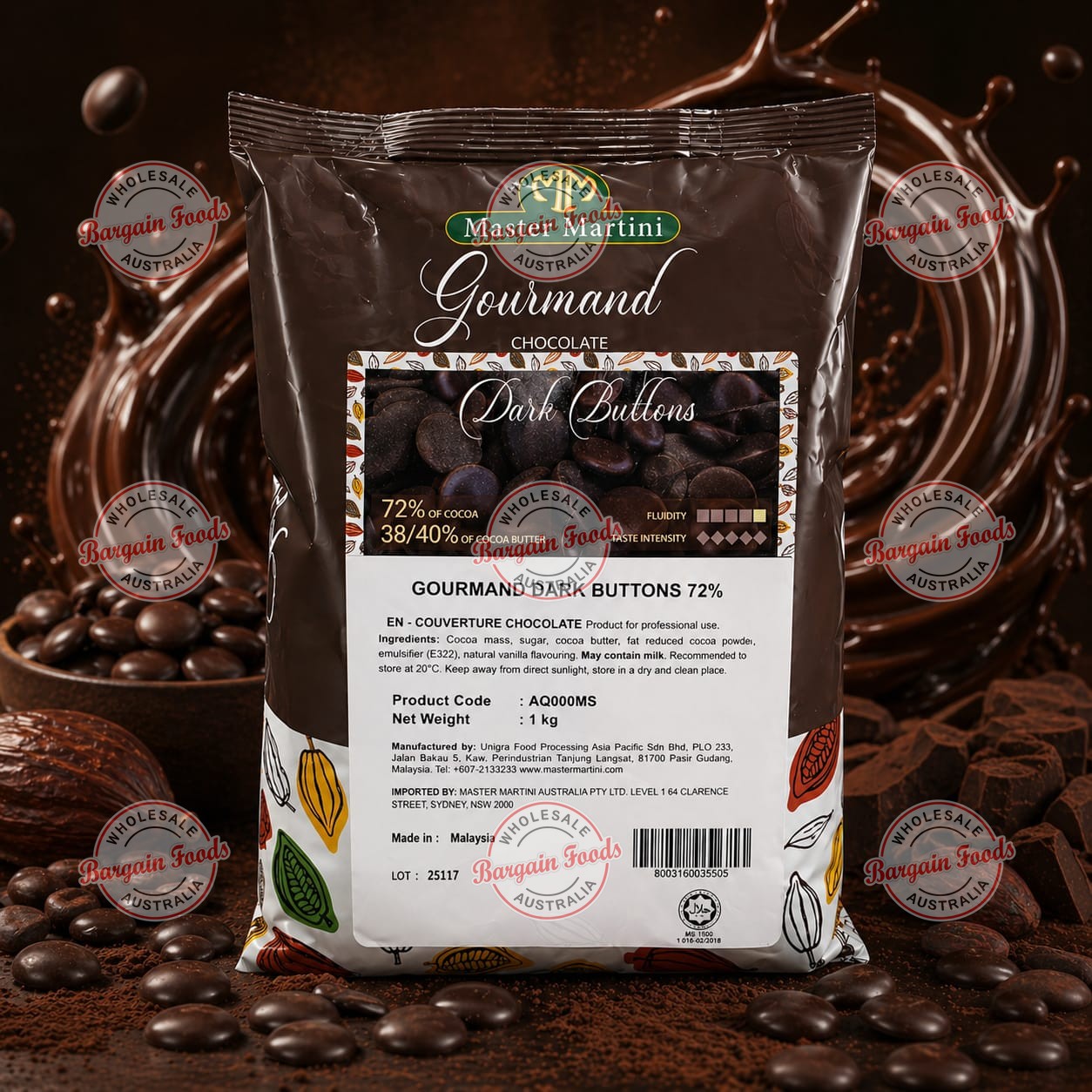 Master Martini 72% Couverture Dark Chocolate Melts - 1kg