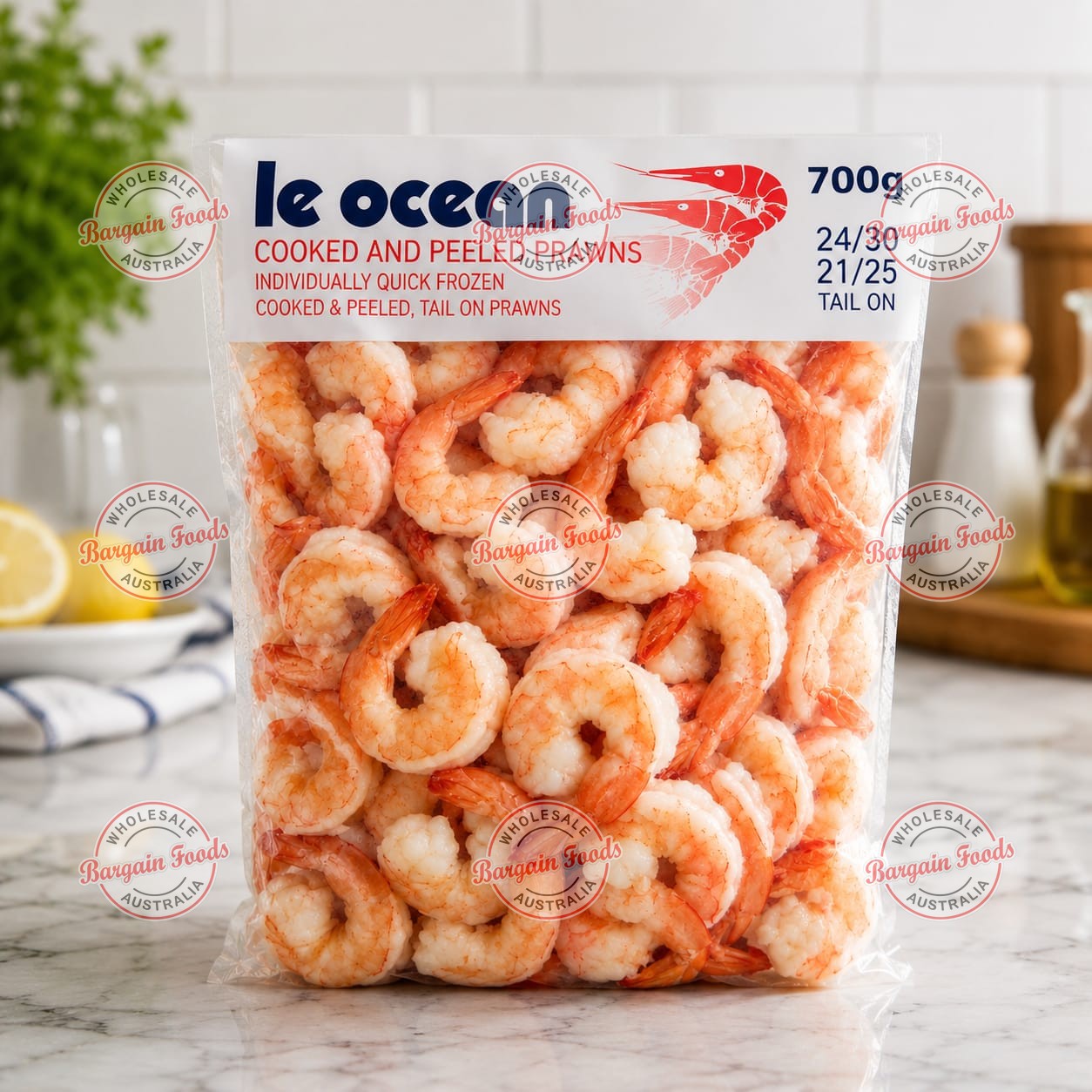 Le Ocean Cooked Peeled Prawns (Tails on) - 700g 26/30pcs