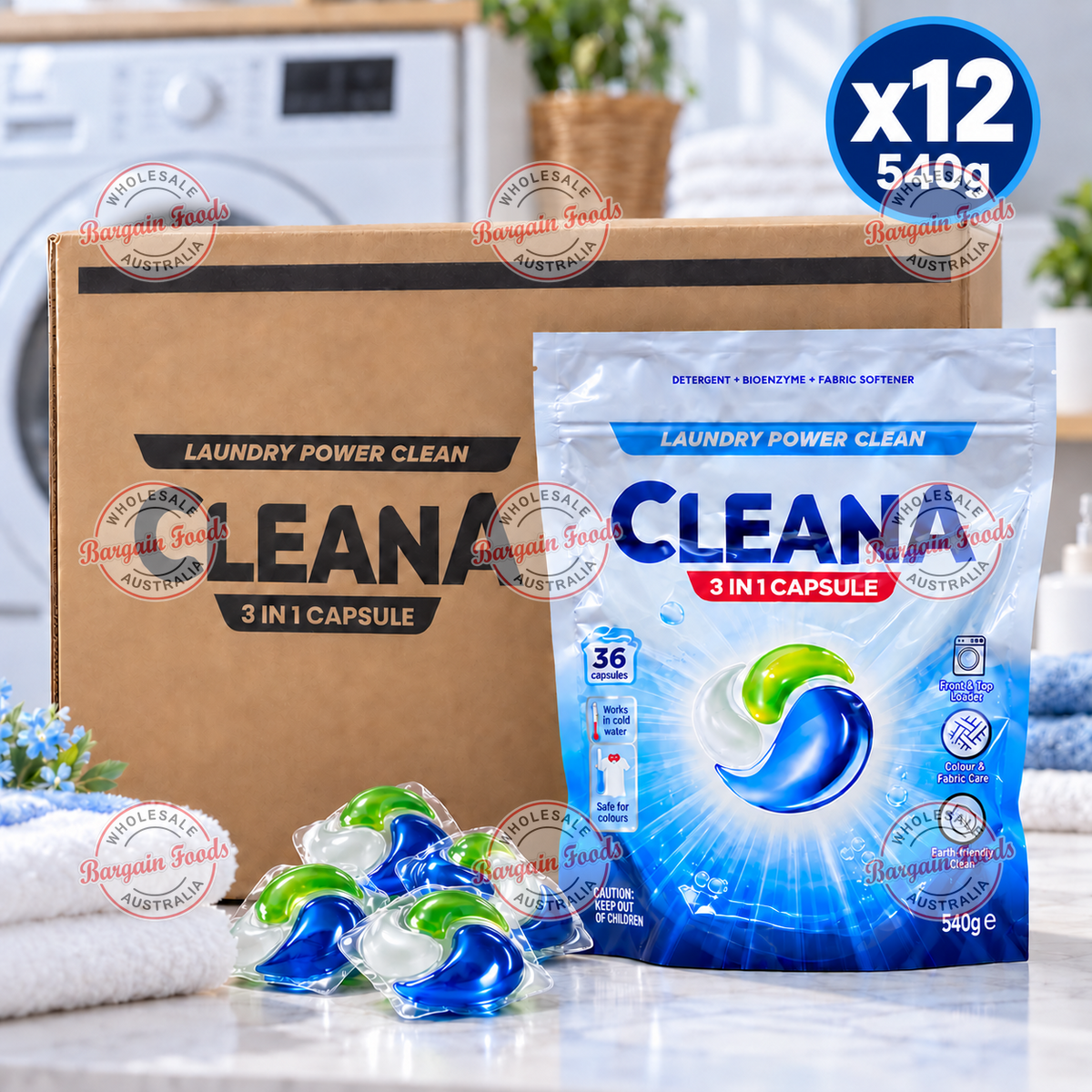 Cleana Laundry 3 in 1 Capsules - 12 x 36pk (BULK)