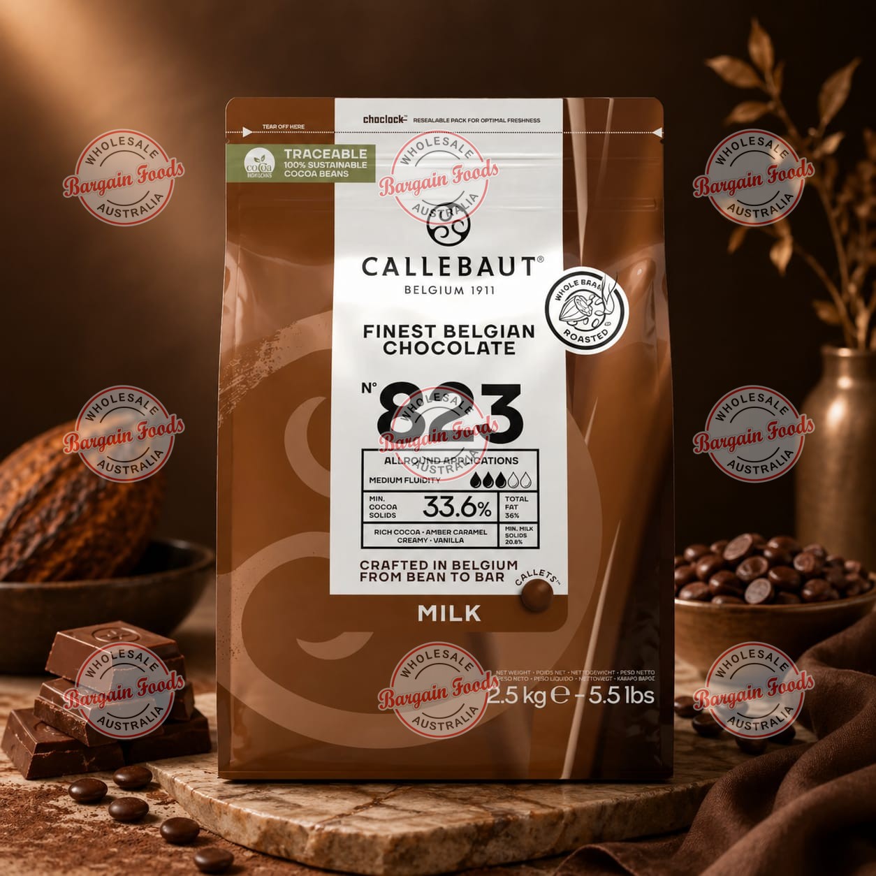 Callebaut 823 33.6% Couverture Milk Chocolate Melts - 2.5kg