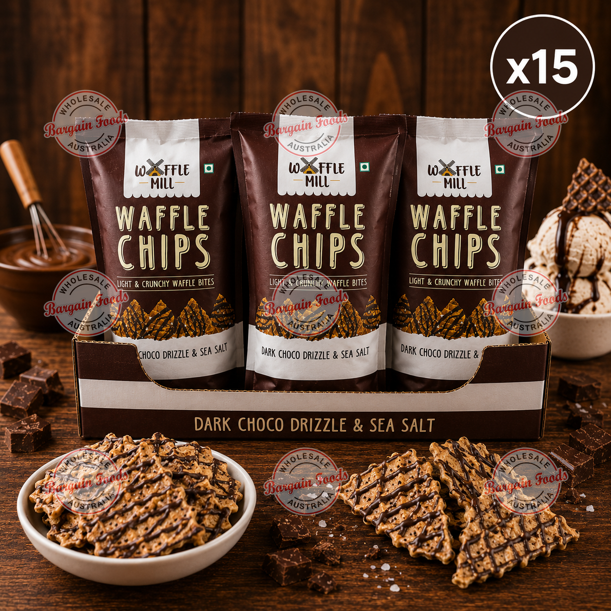 Waffle Mill Waffle Chips Dark Chocolate And Seasalt - 80g x15 (BULK) EXP 19/08/26 CLEARANCE