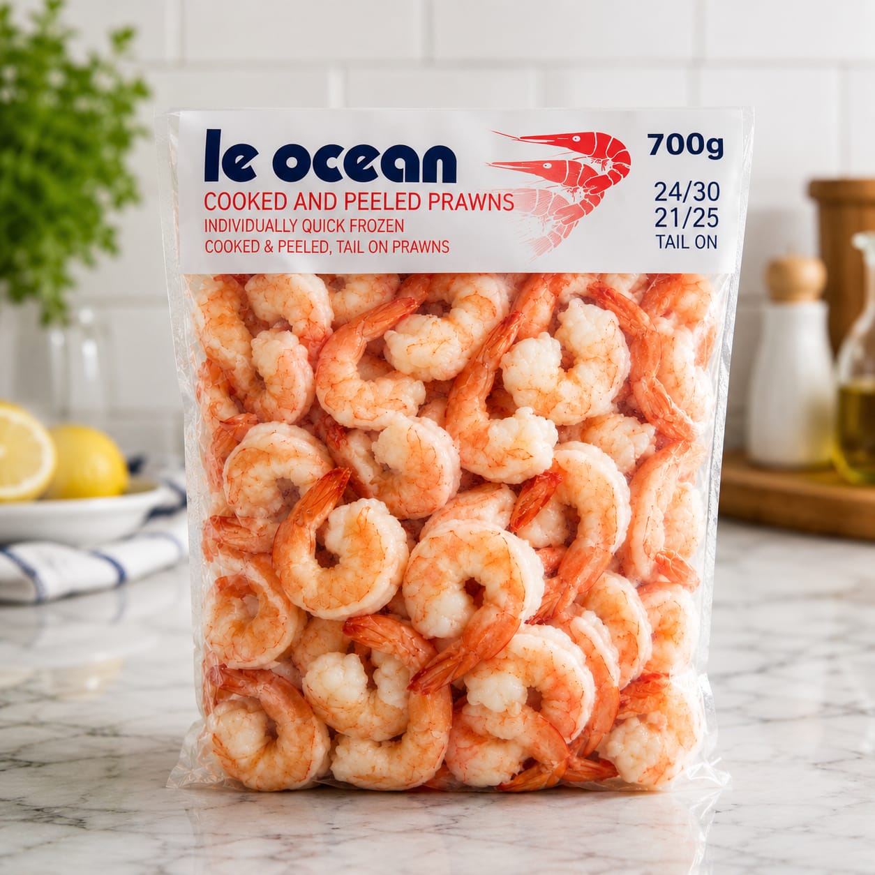 Le Ocean Cooked Peeled Prawns (Tails on) - 700g 26/30pcs