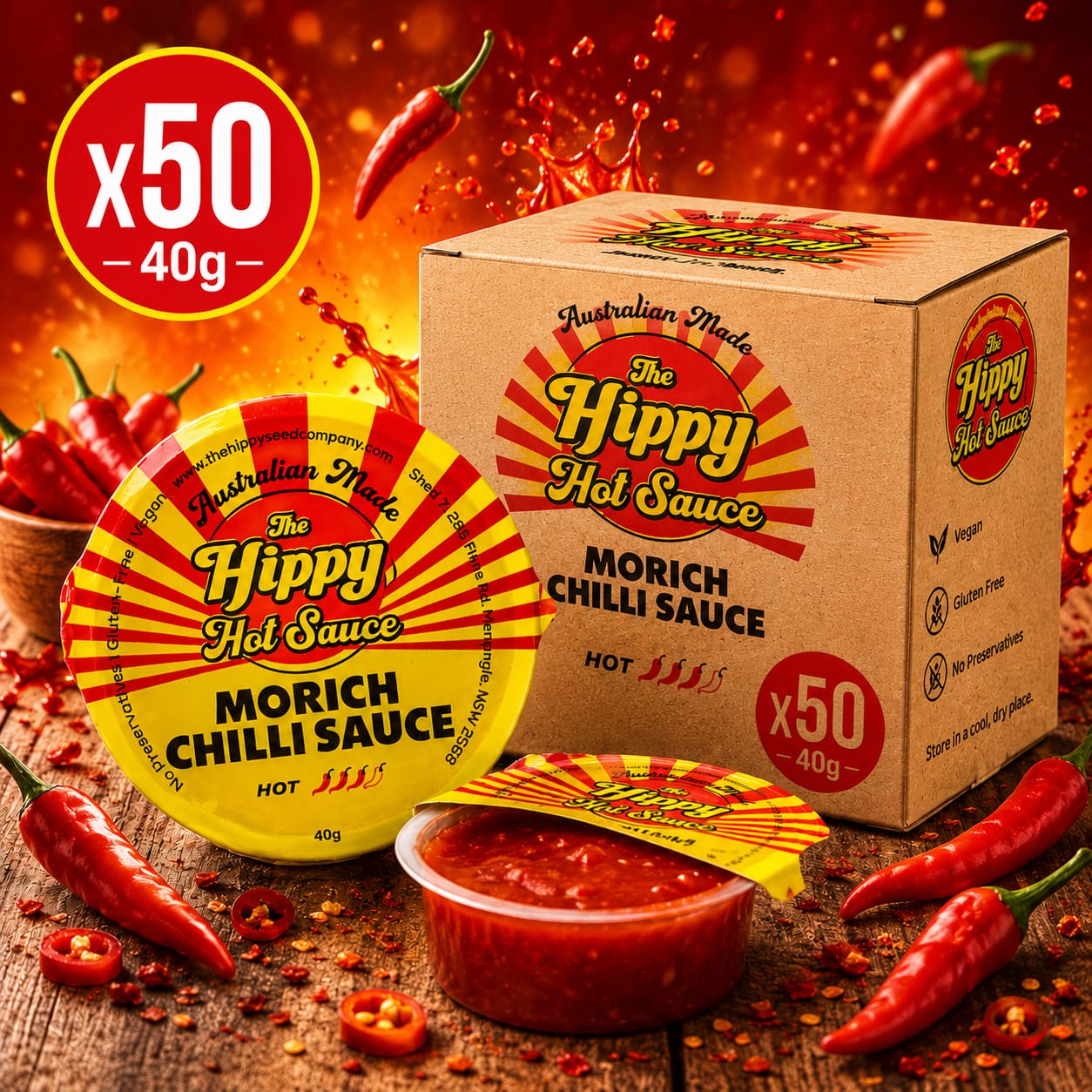 The Hippy Morich Hot Sauce - 40g x50pcs (BULK)