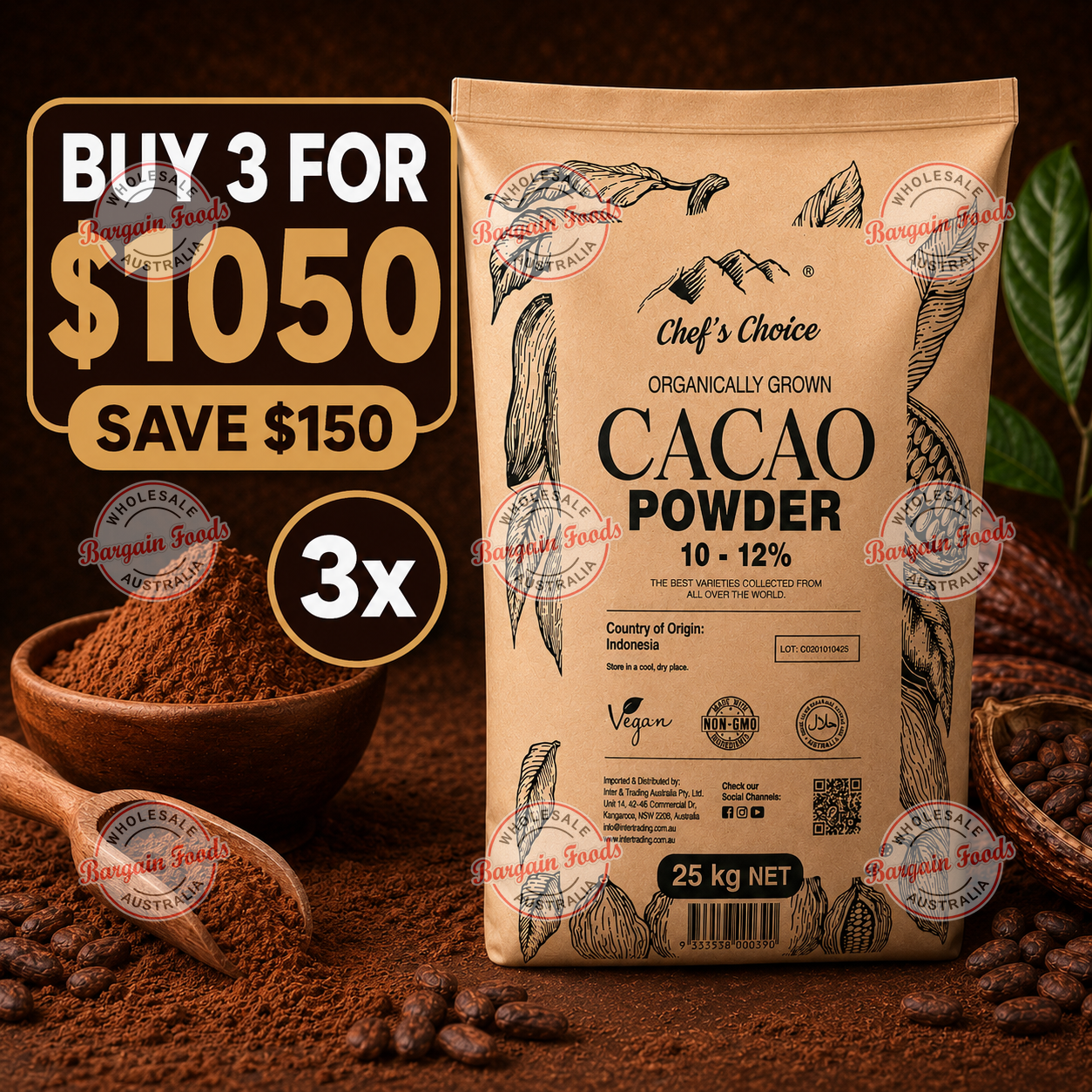 Chefs Choice Organically Grown 10-12% Cacao Powder - 25kg (BULK BUNDLE OF x3)